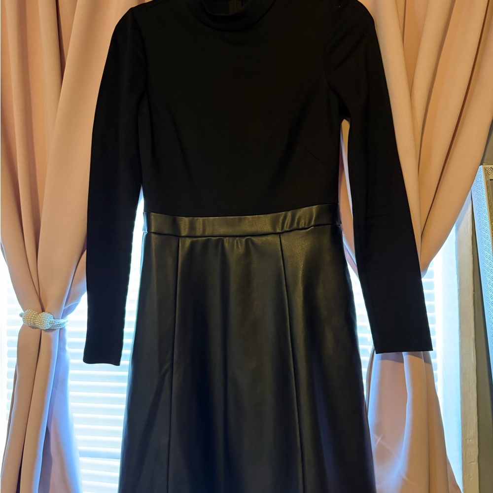 Eliza J Black Long Sleeve Dress with Faux Leather Skirt